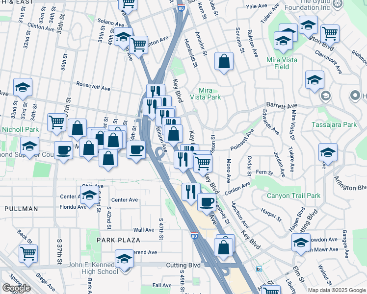 map of restaurants, bars, coffee shops, grocery stores, and more near 4924 Nevin Avenue in Richmond