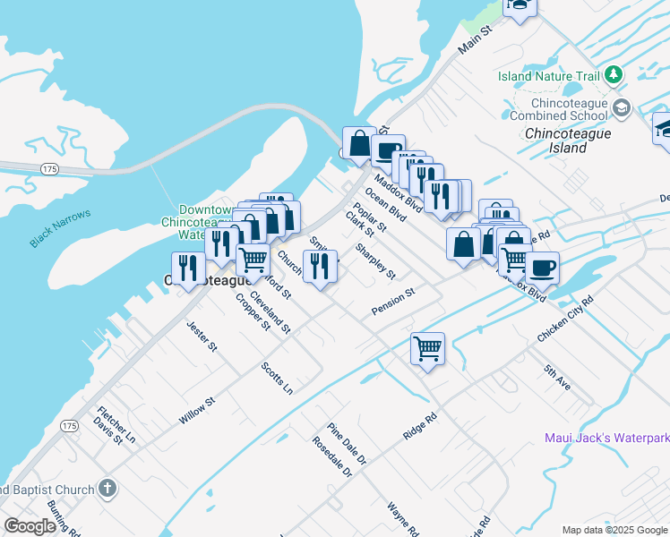 map of restaurants, bars, coffee shops, grocery stores, and more near 6301 Smith Street in Chincoteague Island