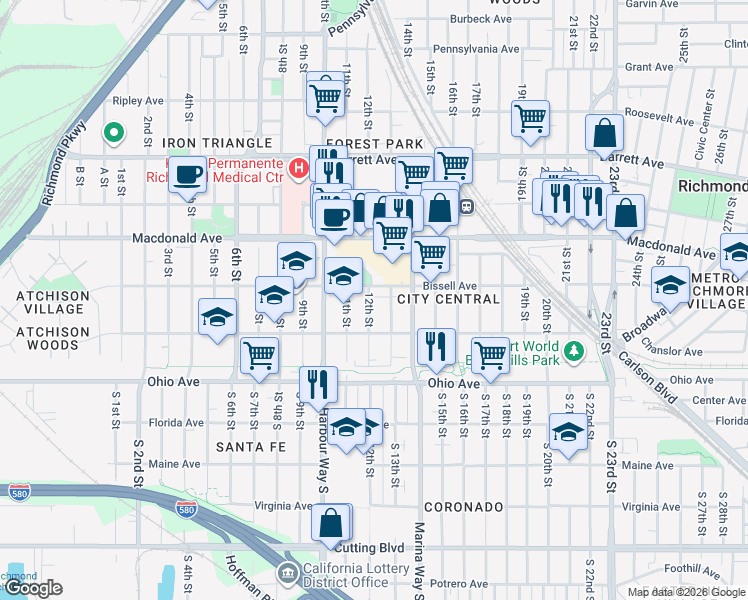 map of restaurants, bars, coffee shops, grocery stores, and more near 162 12th Street in Richmond