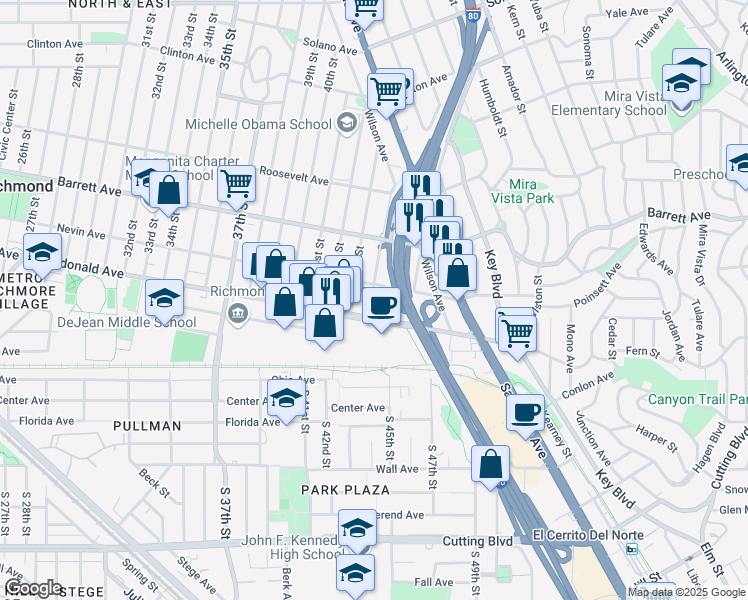 map of restaurants, bars, coffee shops, grocery stores, and more near 330 44th Street in Richmond