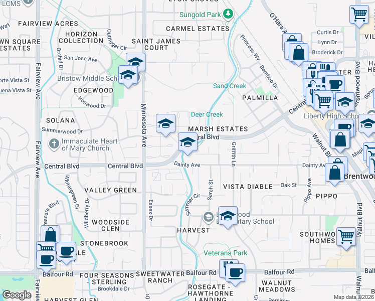 map of restaurants, bars, coffee shops, grocery stores, and more near 810 Caribou Terrace in Brentwood