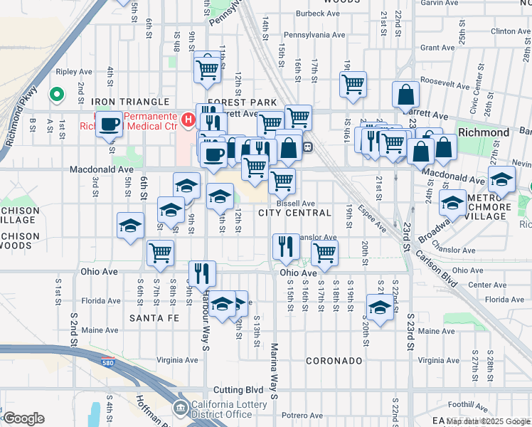 map of restaurants, bars, coffee shops, grocery stores, and more near 159 Marina Way in Richmond