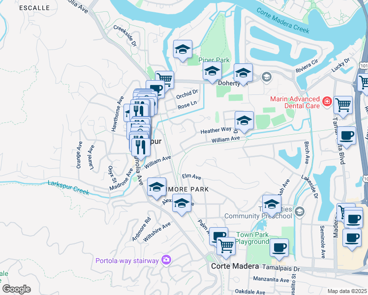 map of restaurants, bars, coffee shops, grocery stores, and more near 300 William Avenue in Larkspur