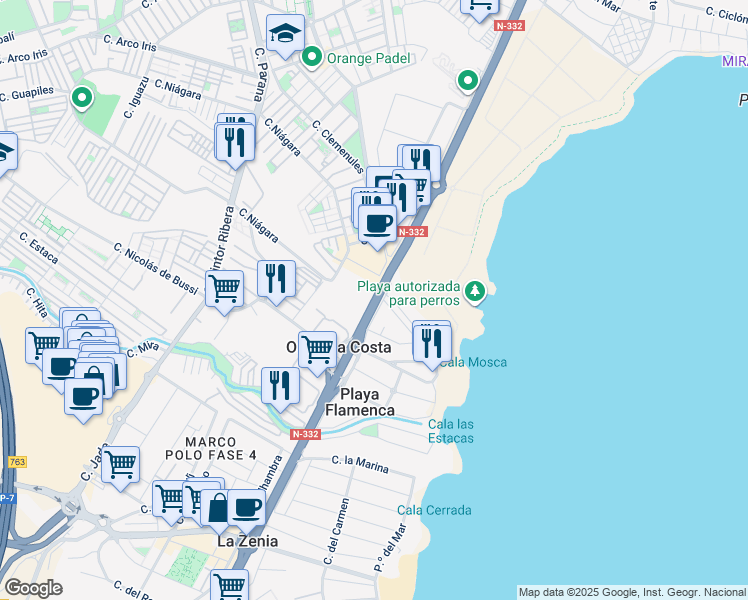 map of restaurants, bars, coffee shops, grocery stores, and more near P Flamenca Golf in Alicante
