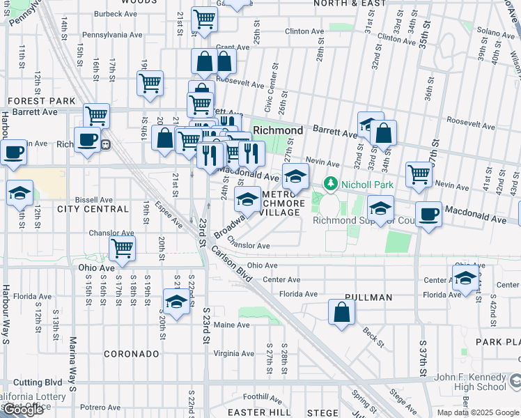 map of restaurants, bars, coffee shops, grocery stores, and more near 186 Broadway in Richmond