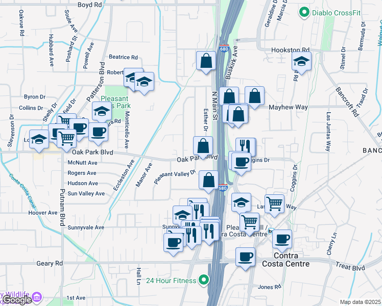 map of restaurants, bars, coffee shops, grocery stores, and more near 1610 Oak Park Boulevard in Pleasant Hill