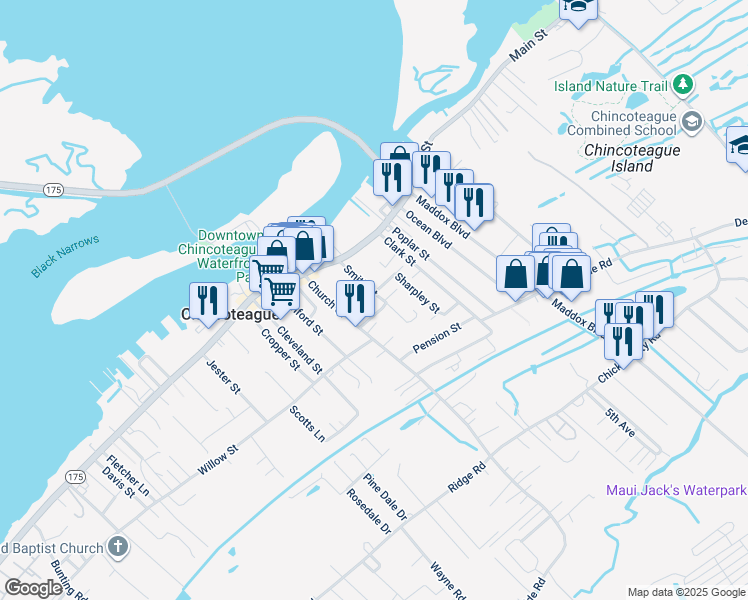 map of restaurants, bars, coffee shops, grocery stores, and more near 6301 Smith Street in Chincoteague