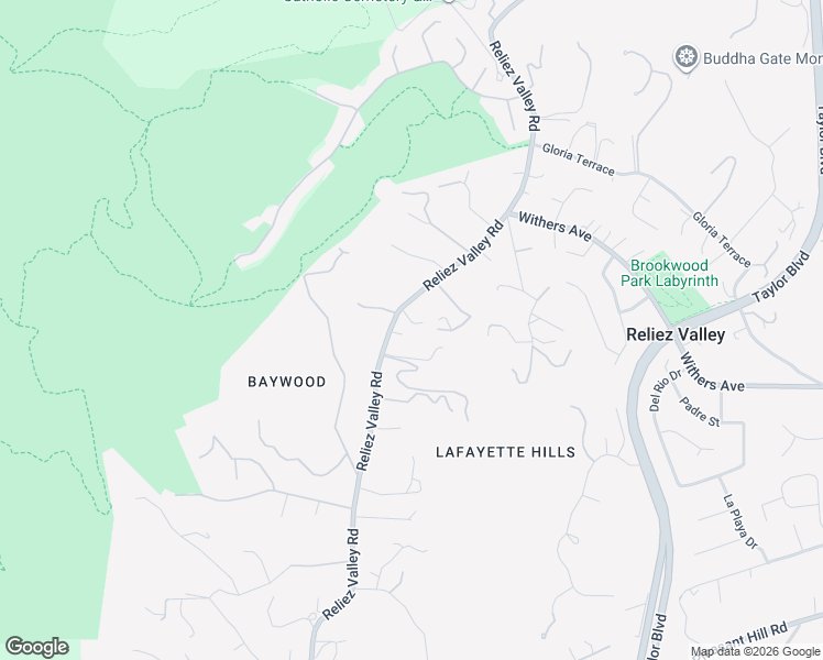 map of restaurants, bars, coffee shops, grocery stores, and more near 1754 Reliez Valley Road in Lafayette