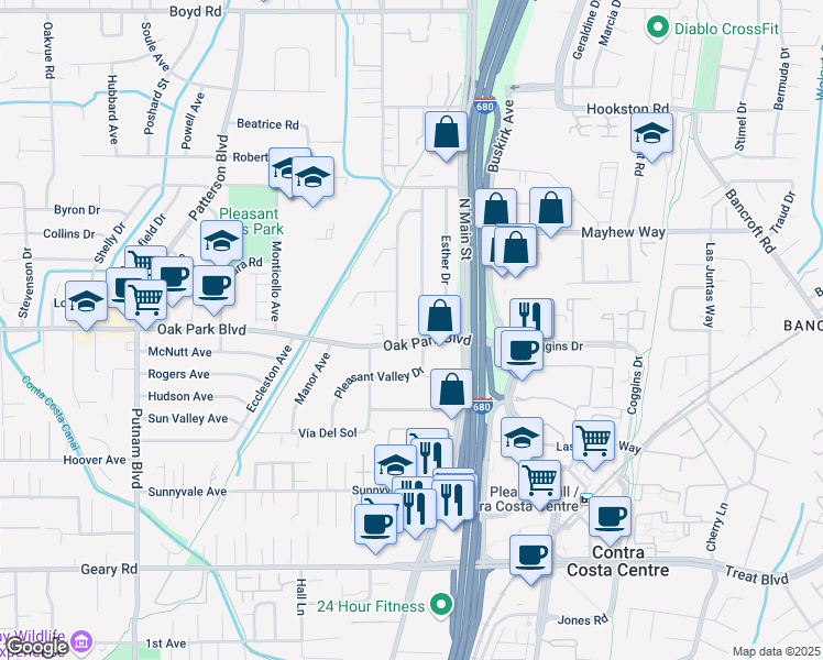 map of restaurants, bars, coffee shops, grocery stores, and more near 1610 Oak Park Boulevard in Pleasant Hill