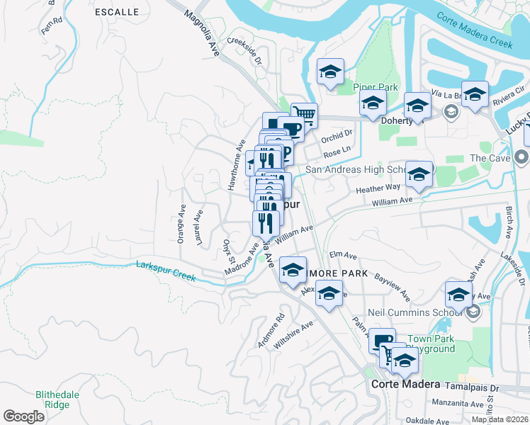 map of restaurants, bars, coffee shops, grocery stores, and more near 289 Magnolia Avenue in Larkspur
