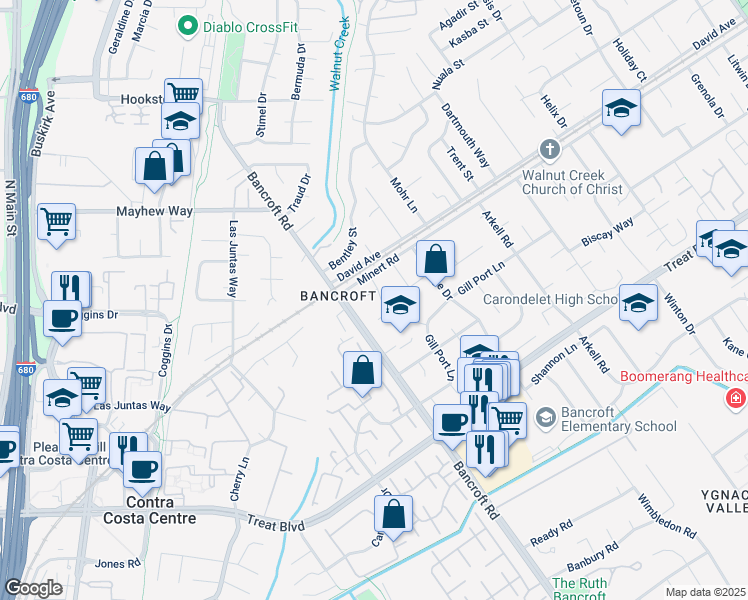 map of restaurants, bars, coffee shops, grocery stores, and more near 1051 Brightwood Court in Walnut Creek