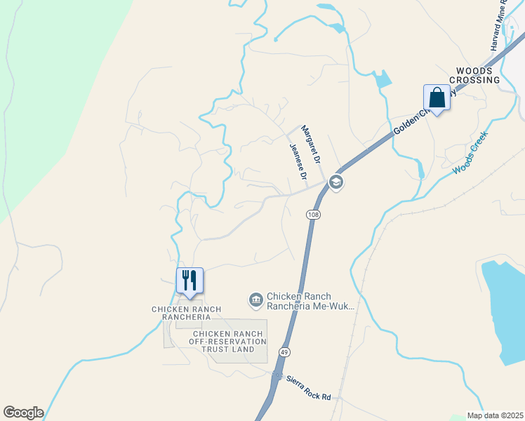 map of restaurants, bars, coffee shops, grocery stores, and more near 17141 Chicken Ranch Road in Jamestown