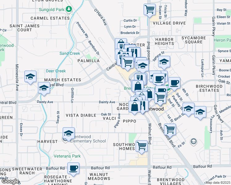 map of restaurants, bars, coffee shops, grocery stores, and more near 853 Villa Terrace in Brentwood