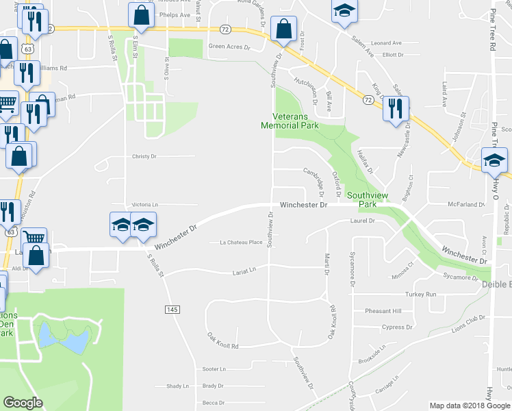 map of restaurants, bars, coffee shops, grocery stores, and more near 608 Winchester Drive in Rolla