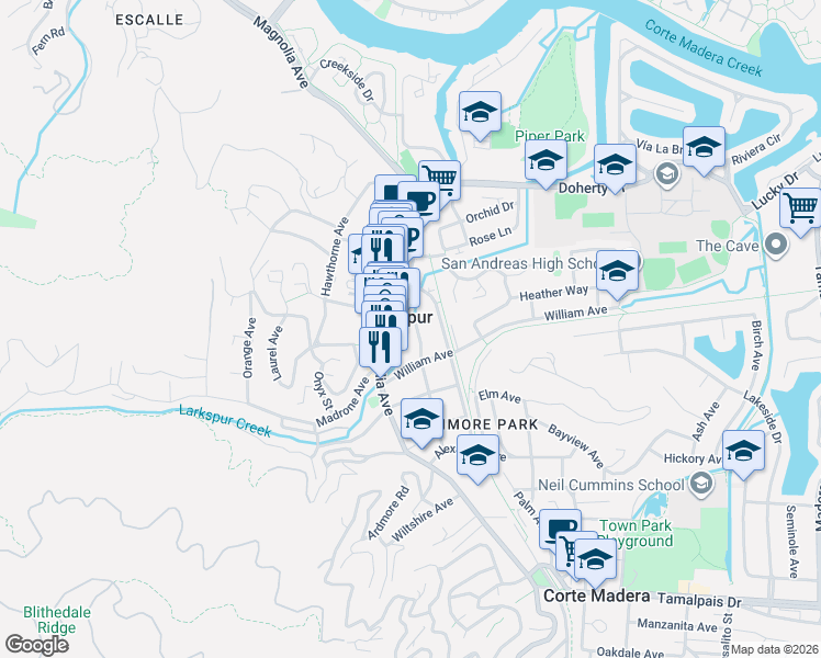 map of restaurants, bars, coffee shops, grocery stores, and more near in Larkspur