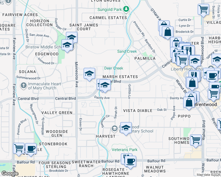 map of restaurants, bars, coffee shops, grocery stores, and more near 1249 Duffy Way in Brentwood