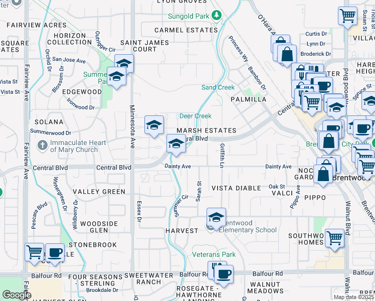 map of restaurants, bars, coffee shops, grocery stores, and more near 3rd Street in Brentwood