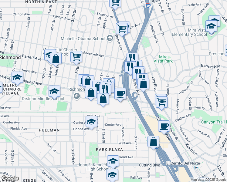 map of restaurants, bars, coffee shops, grocery stores, and more near 330 44th Street in Richmond
