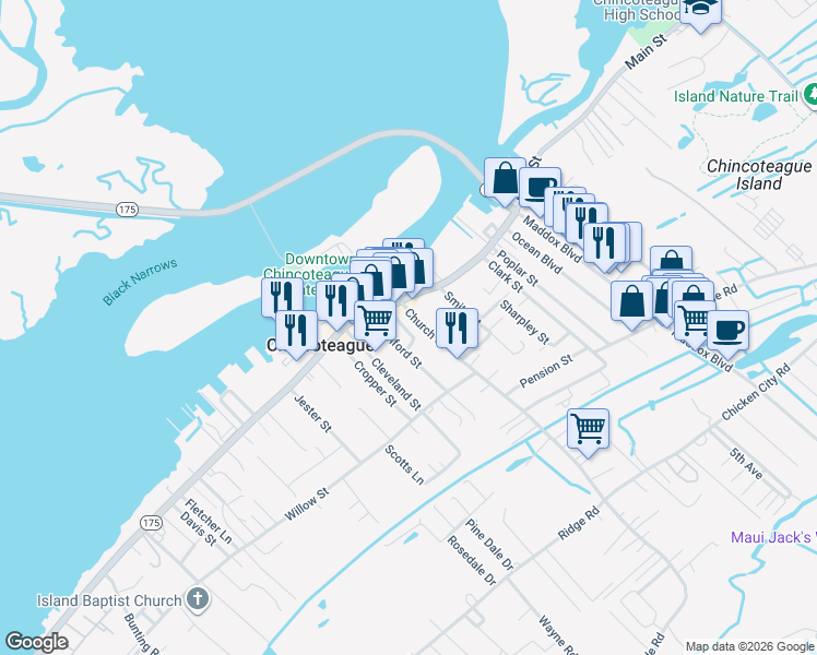map of restaurants, bars, coffee shops, grocery stores, and more near 6254 Church Street in Chincoteague