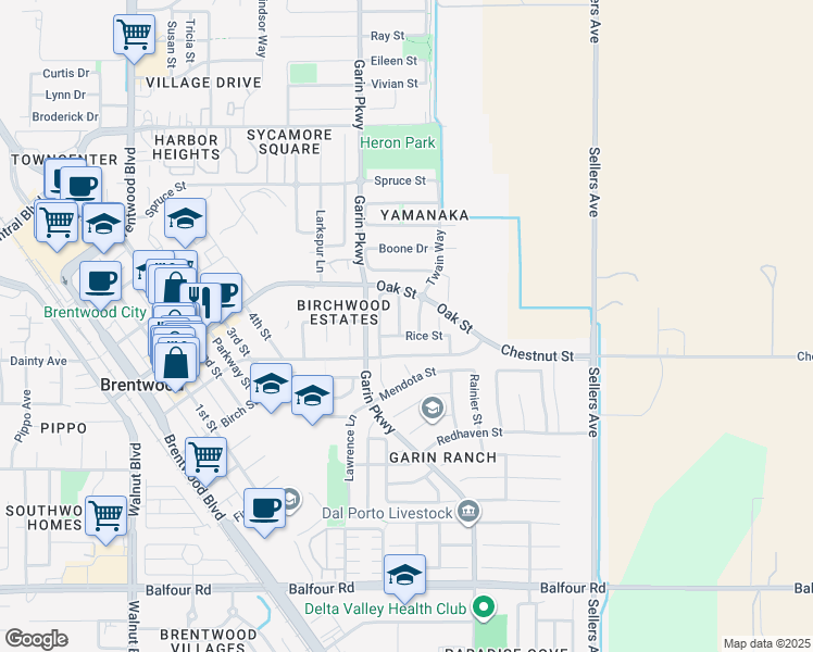 map of restaurants, bars, coffee shops, grocery stores, and more near 552 Young Drive in Brentwood