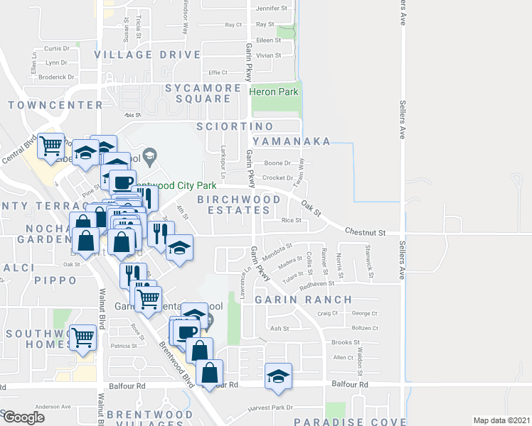 map of restaurants, bars, coffee shops, grocery stores, and more near 520 Montana Street in Brentwood