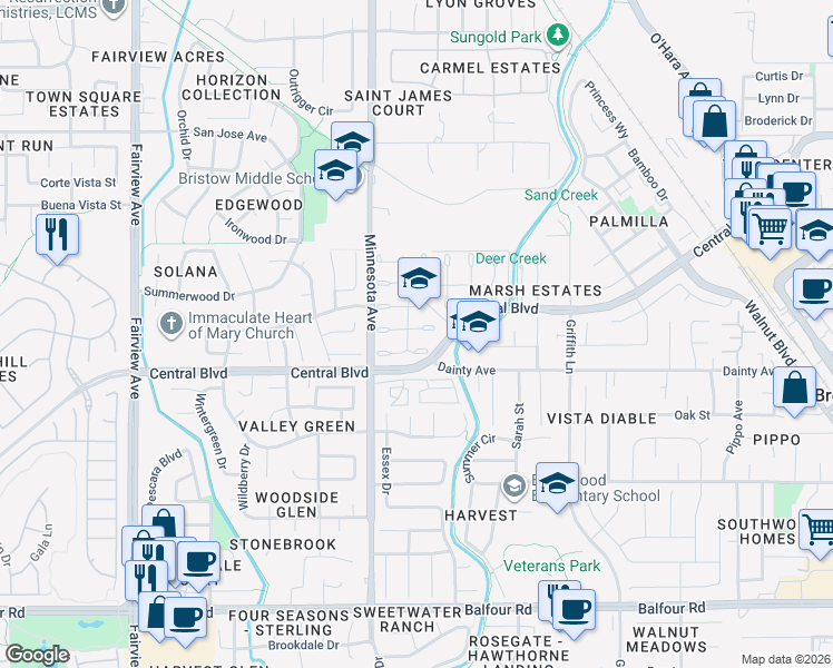 map of restaurants, bars, coffee shops, grocery stores, and more near 895 Antelope Terrace in Brentwood
