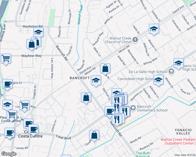 map of restaurants, bars, coffee shops, grocery stores, and more near 2153 La Salle Drive in Walnut Creek