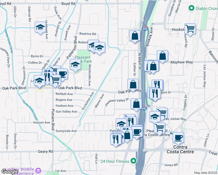 map of restaurants, bars, coffee shops, grocery stores, and more near 1660 Oak Park Boulevard in Pleasant Hill