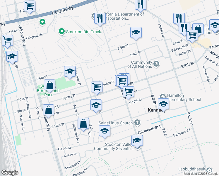 map of restaurants, bars, coffee shops, grocery stores, and more near 1901 East 8th Street in Stockton
