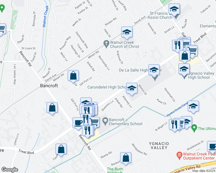 map of restaurants, bars, coffee shops, grocery stores, and more near 1600 Arkell Road in Walnut Creek