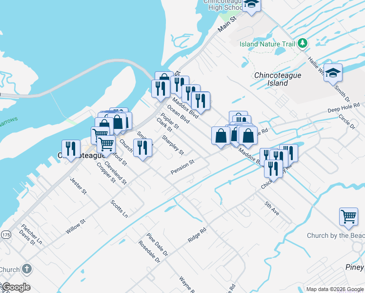 map of restaurants, bars, coffee shops, grocery stores, and more near 6266 Sharpley Street in Chincoteague Island