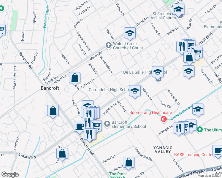 map of restaurants, bars, coffee shops, grocery stores, and more near 1600 Arkell Road in Walnut Creek