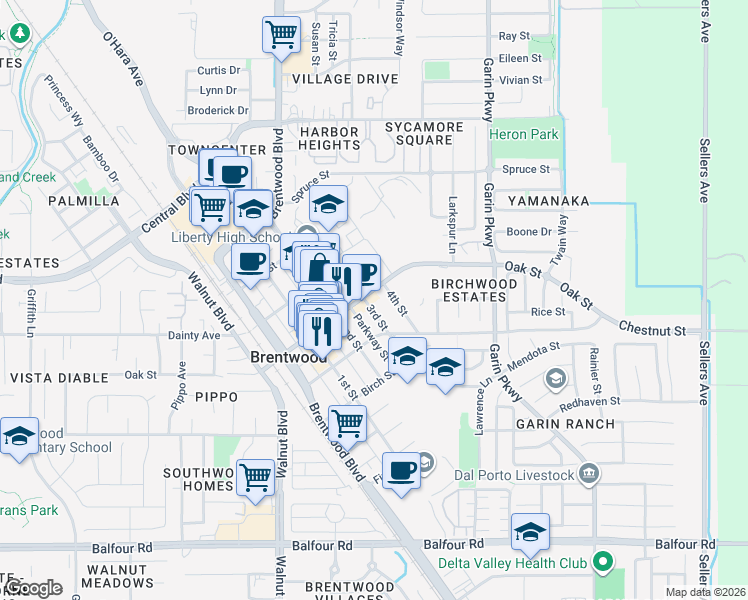 map of restaurants, bars, coffee shops, grocery stores, and more near 654 3rd Street in Brentwood
