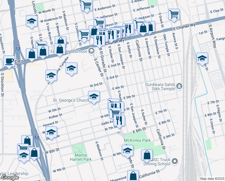 map of restaurants, bars, coffee shops, grocery stores, and more near 1820 El Dorado Street in Stockton