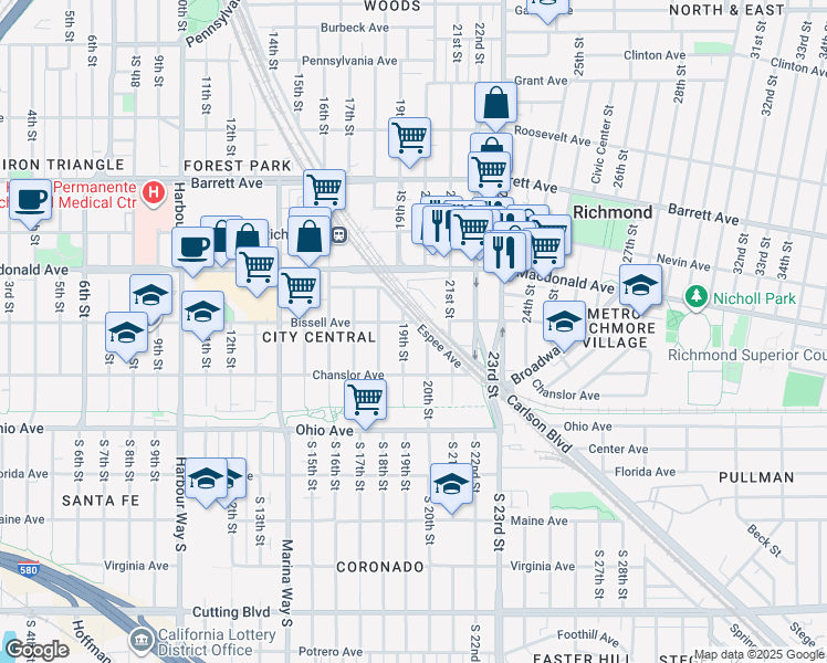 map of restaurants, bars, coffee shops, grocery stores, and more near 155 20th Street in Richmond