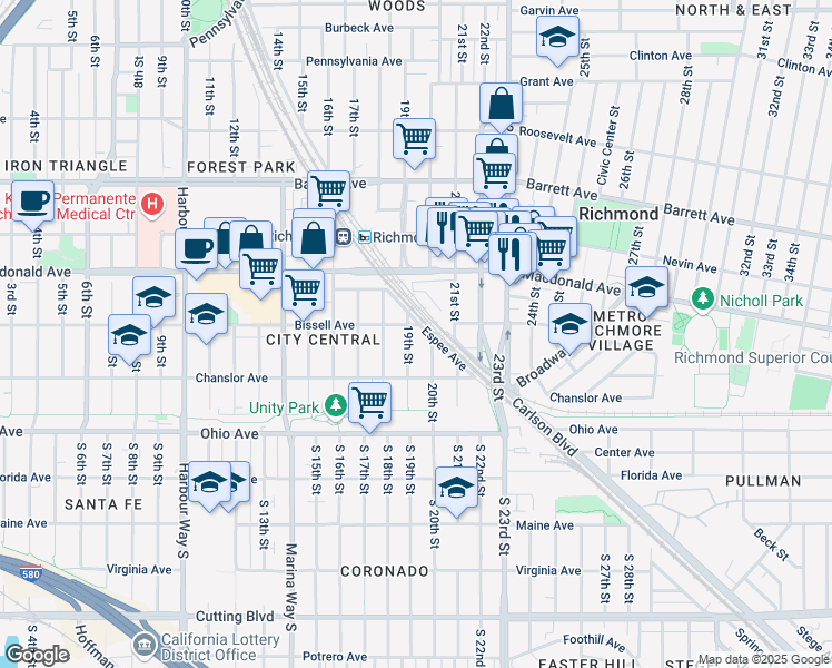 map of restaurants, bars, coffee shops, grocery stores, and more near 155 20th Street in Richmond