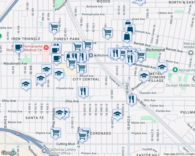 map of restaurants, bars, coffee shops, grocery stores, and more near 155 17th Street in Richmond