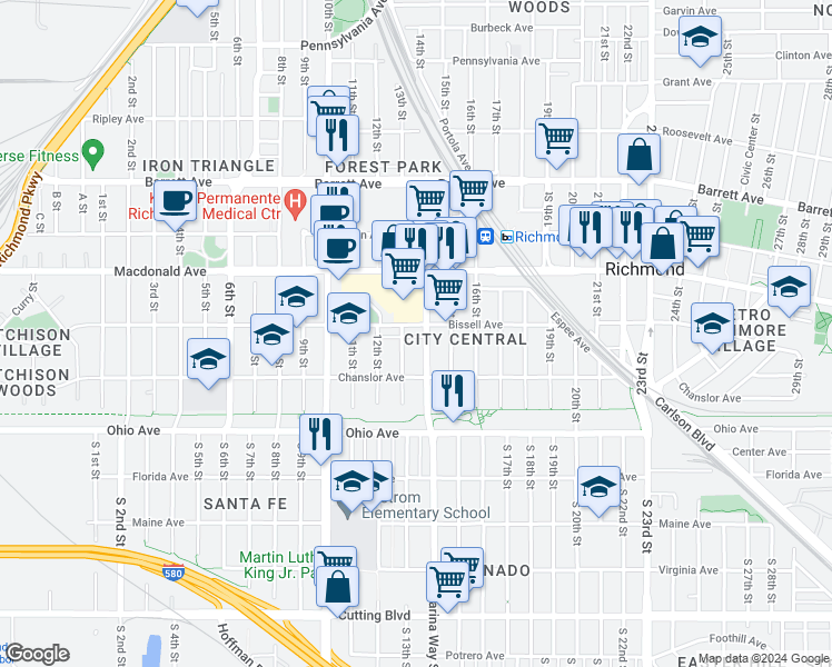 map of restaurants, bars, coffee shops, grocery stores, and more near 159 Marina Way in Richmond