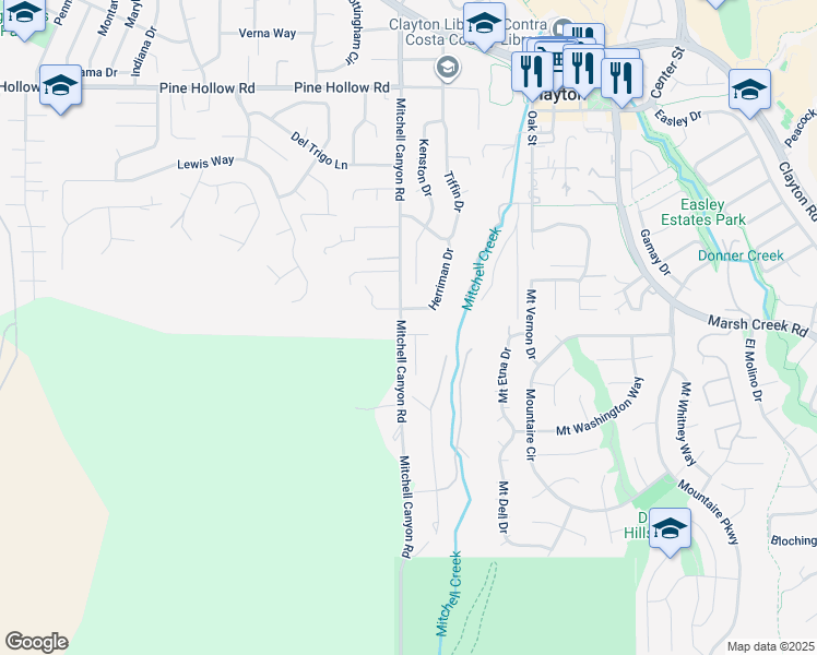 map of restaurants, bars, coffee shops, grocery stores, and more near 10 Widmar Court in Clayton