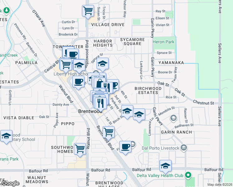 map of restaurants, bars, coffee shops, grocery stores, and more near 654 3rd Street in Brentwood