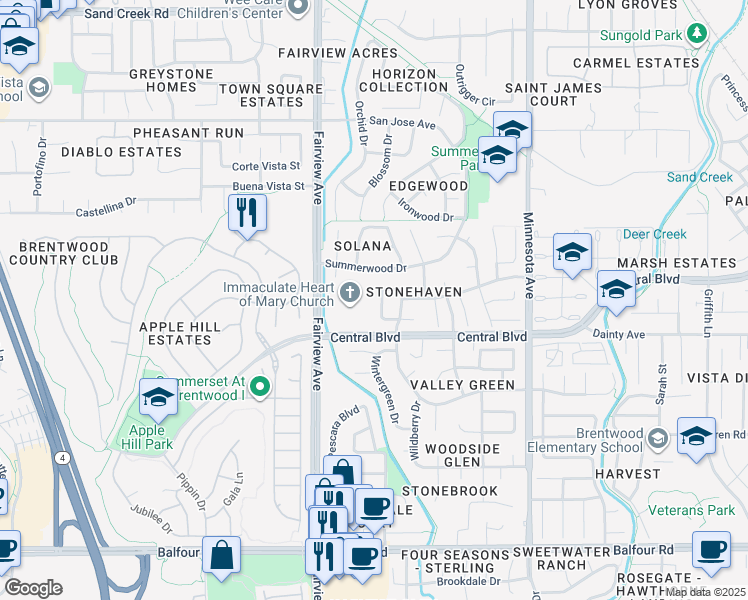 map of restaurants, bars, coffee shops, grocery stores, and more near 1353 Downie Point Drive in Brentwood