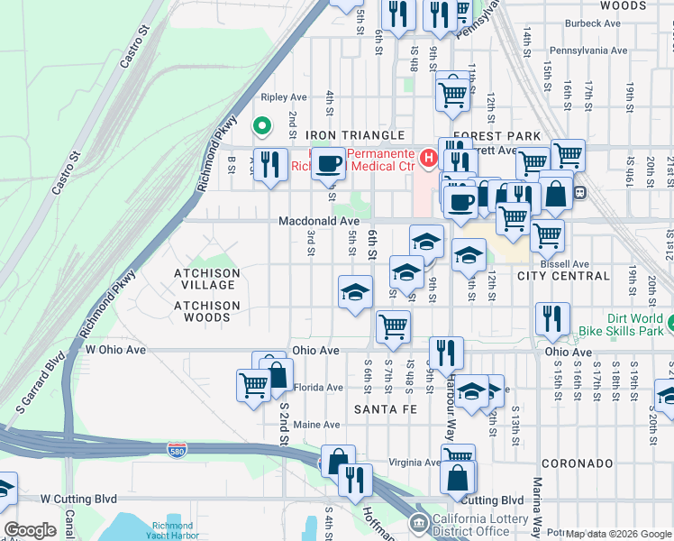 map of restaurants, bars, coffee shops, grocery stores, and more near 400 Bissell Avenue in Richmond
