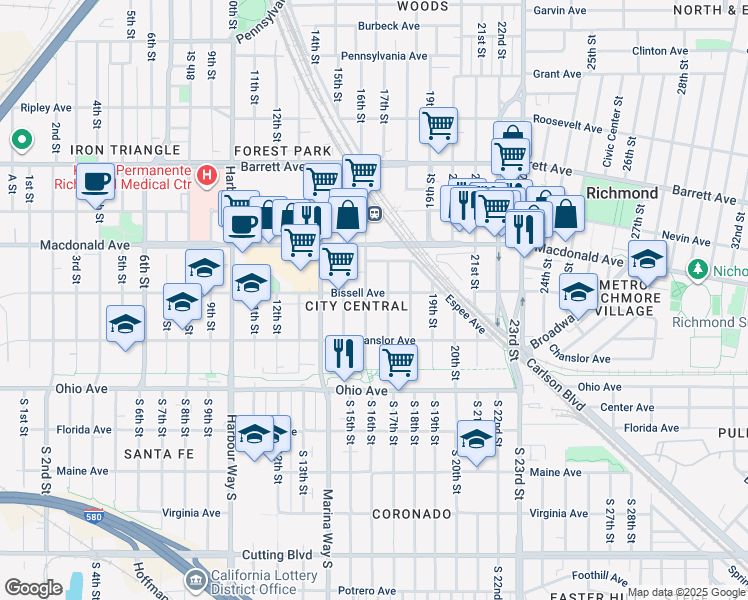 map of restaurants, bars, coffee shops, grocery stores, and more near 1608 Bissell Avenue in Richmond