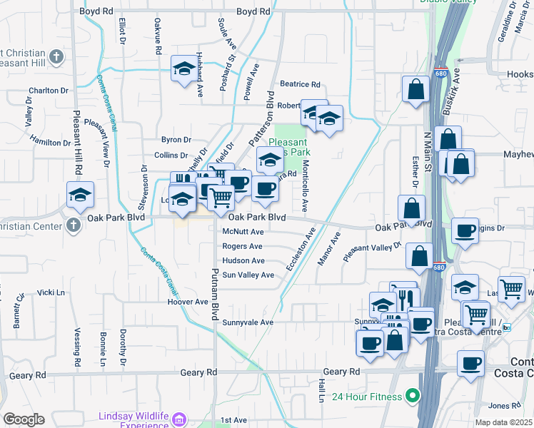 map of restaurants, bars, coffee shops, grocery stores, and more near 17 Monte Cresta Avenue in Pleasant Hill