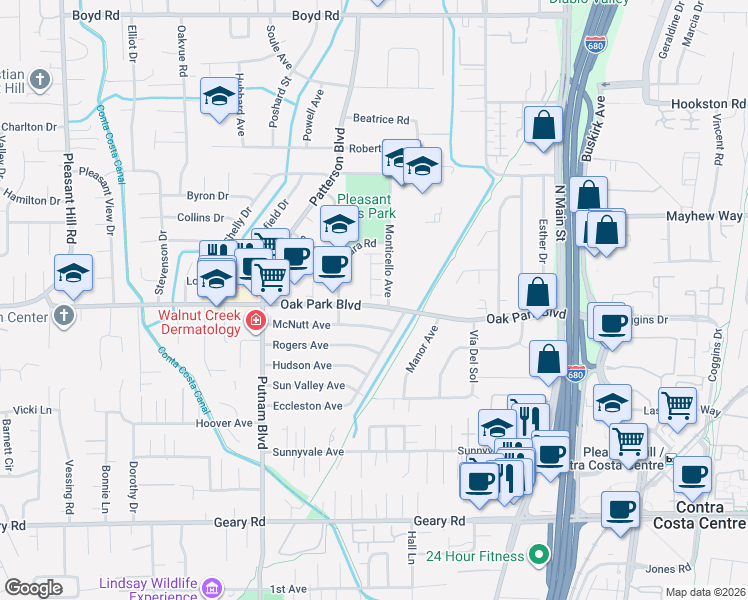 map of restaurants, bars, coffee shops, grocery stores, and more near 106 Southern Oak Dr in Pleasant Hill