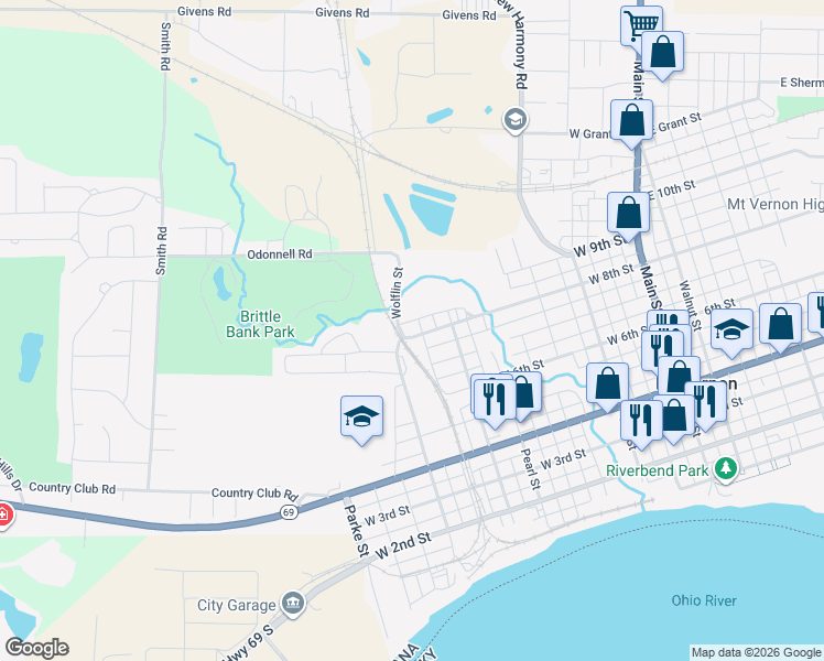 map of restaurants, bars, coffee shops, grocery stores, and more near 813 West 8th Street in Mount Vernon
