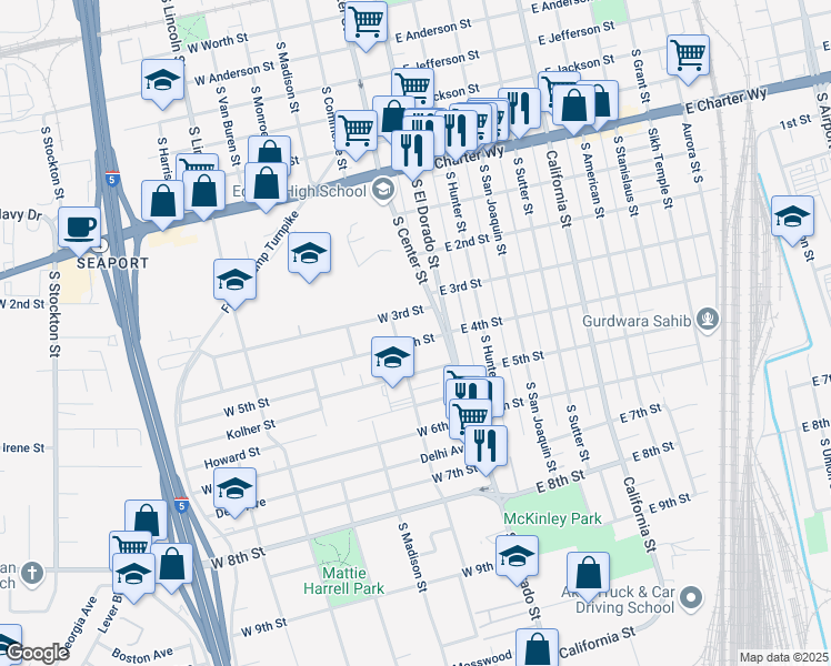 map of restaurants, bars, coffee shops, grocery stores, and more near 26 West 4th Street in Stockton