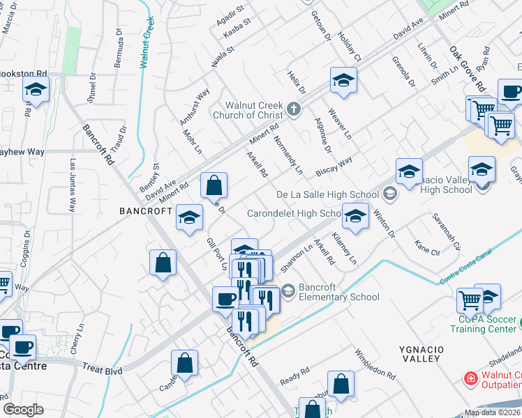 map of restaurants, bars, coffee shops, grocery stores, and more near 1759 Crescent Drive in Walnut Creek