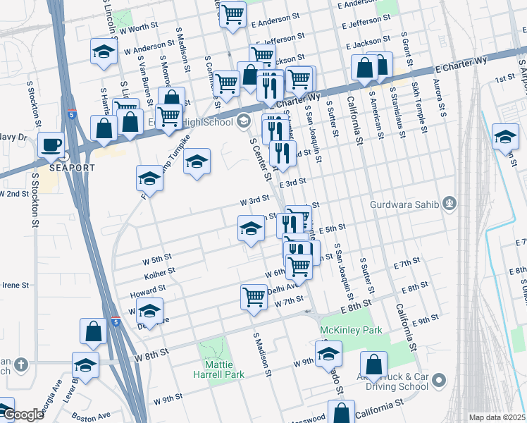 map of restaurants, bars, coffee shops, grocery stores, and more near 26 West 4th Street in Stockton