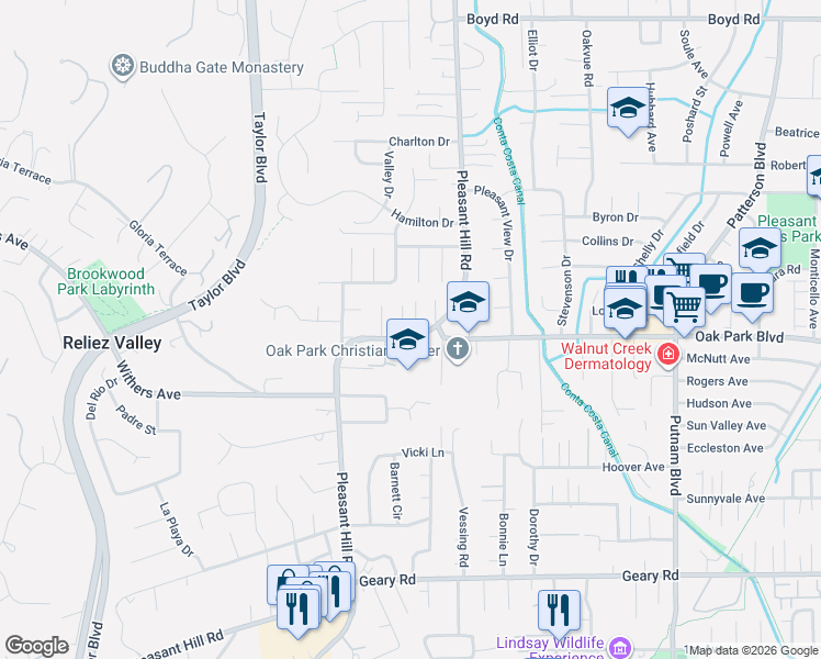 map of restaurants, bars, coffee shops, grocery stores, and more near 2097 Oak Park Boulevard in Pleasant Hill